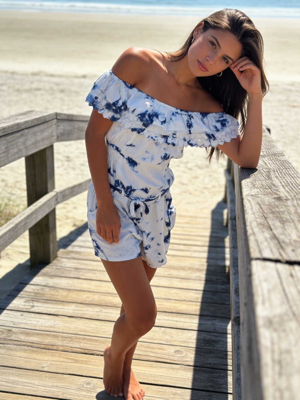 Sea Spice Resort Wear Blue White Tie Dye Off Shoulder Ruffle Romper L